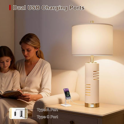 27.5" Faux Stone Table Lamps Set of 2 with Night Light, Farmhouse Lamps for Living Room with USB A+C Ports, Bedside Table Lamps with Linen Shade for Bedroom Nightstand Office (Bulb Included)