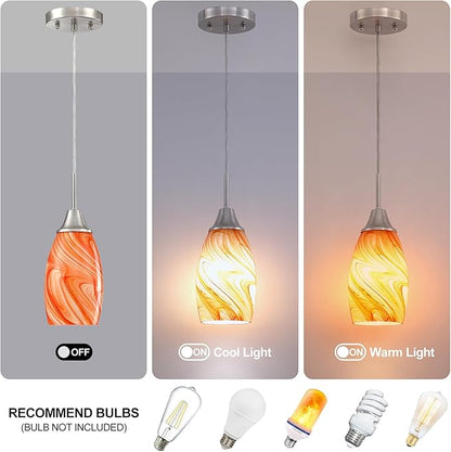 Mini Glass Pendant Light 4.72" with Handblown Orange Marble Art Glass Hanging Light 1-Pack Oval Ceiling Hanging Light Fixture for Dining Room Kitchen Island Cafe Foyer Hallway