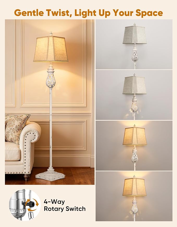 64'' Vintage Floor Lamp with Nightlight, Rustic Farmhouse Tall Standing Lamp with Rotary Switch and Beige Linen Shade for Living Room, Corner, Bedroom, House Decor, Cream White (Bulb Included)