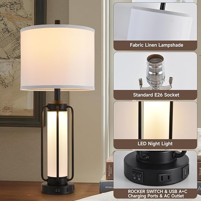 Terpsichore Farmhouse Lamps for Living Room Rustic Bedside Lamp Lamps Set of 2,Vintage Bedroom Nightstand Table Lamp Rocker Switch & USB A+C Ports & AC Outlet,Built-In Frosted Glass Night Light