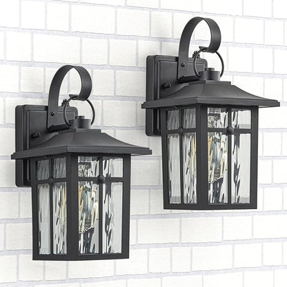 2 Pack Dusk to Dawn Outdoor Wall Lights, Aluminum Exterior Light Fixtures Wall Mount with Ripple Glass, Waterproof Black Porch Lights, Outside Wall Lantern for Entryway, Garage, Patio