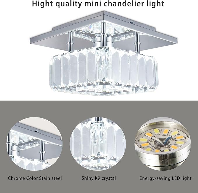 CLAIRDAI Crystal Ceiling Light Square Flush Mount LED Ceiling Light Fixture Modern Led Chandelier Crystal Ceiling Lamps for for Kitchen Hallway Foyer Living Room Bedroom (Dimmable)