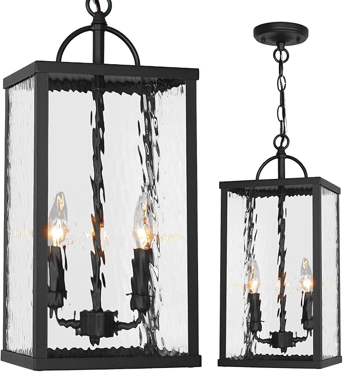 Outdoor Pendant Light, Modern Black Hanging Lantern with Water Ripple Glass, Adjustable Chandelier Exterior Hanging Light Fixture for Front Porch, Patio, Gazebo, Entryway, and Garage