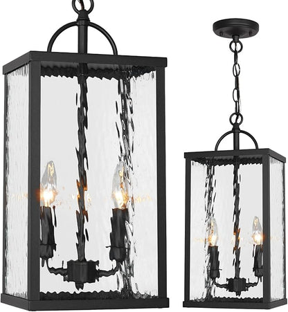 Outdoor Pendant Light, Modern Black Hanging Lantern with Water Ripple Glass, Adjustable Chandelier Exterior Hanging Light Fixture for Front Porch, Patio, Gazebo, Entryway, and Garage