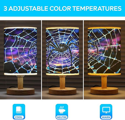 Spider Table Lamp LED 3-Color Pressed Bedside, Spider Shade Lamp with Wood Base for Bedroom Living Room Desk Office TL01