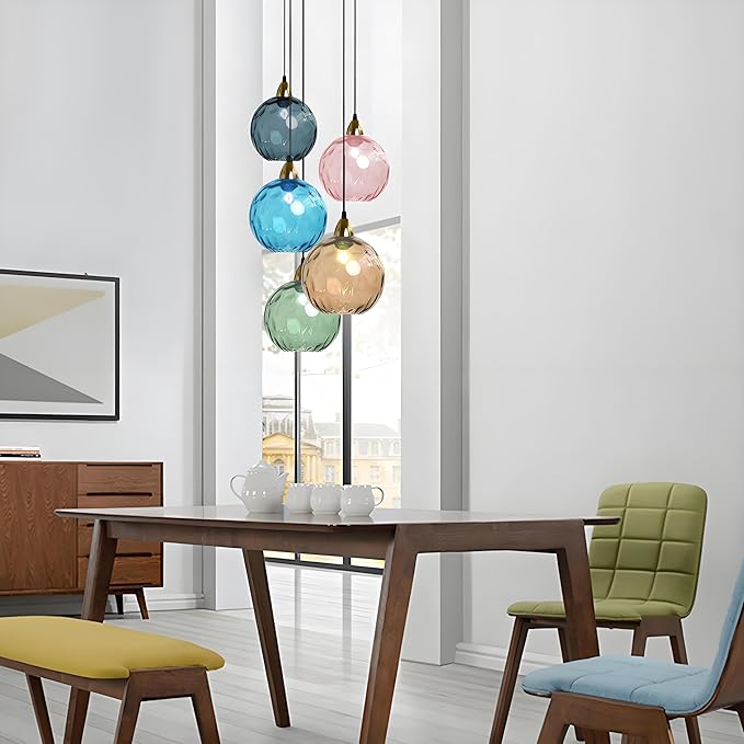 15cm/5.9’’ Industrial Vintage Spherical Glass Pendant Light, E26 Ceiling Hanging Lamp, Gold Finish & Ripple Glass Globe Shade, Dining Room Bedroom Chandelier (Green)