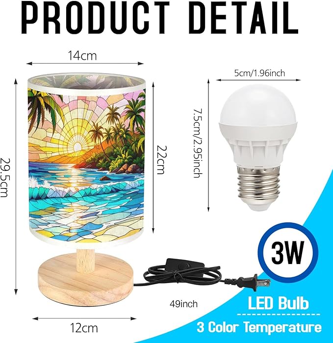 Tropical Island and Blue Ocean Table Lamp LED 3-Color Pressed Bedside, Tropical Island and Blue Ocean Shade Lamp with Wood Base for Bedroom Living Room Desk Office TL01