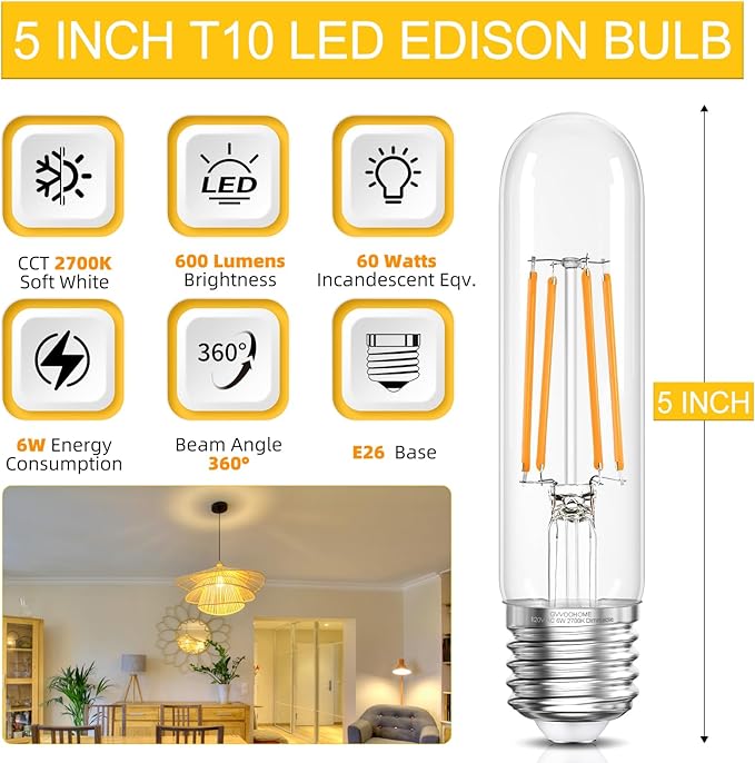 Tubular Light Bulb,T10 E26 LED Bulb Dimmable 2700K Warm White, 6W, 60 watt Equivalent, e26 Edison Bulbs for Chandeliers, Ceiling Fan, 90+CRI 600LM, 6 Pack