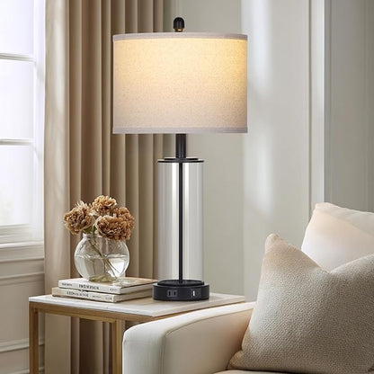 26" Black Glass Table Lamps Set of 2, 3-Way Dimmable Touch Control Glass Lamps for Living Room, Modern Bedroom Lamp with USB C+A Ports & Outlet, Classic Bedside Lamp for Nightstand Side End Decoration