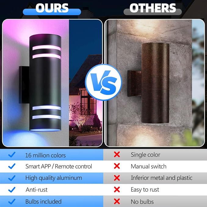 Smart Porch Lights Color Changing, RGB Outdoor Wall Lights with Remote Control Ambiance Up and Down Lights, Black Exterior Light Fixture Home Theater Lighting Compatible with Alexa Google Assistant
