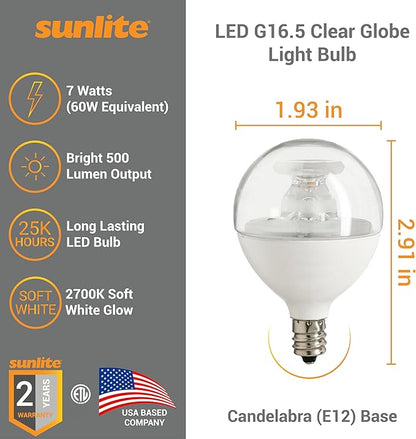 Sunlite G16.5 Light Bulb LED, 7 Watts (60W Equiv.), 500 Lumens, Dimmable, Type G Globe Shape E12 Candelabra Base, Short Bulbs, Vanity Mirror Bulbs, 2700K Soft White, Clear, 3 Count