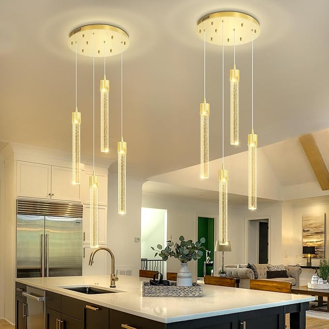 4-Light Pendant Lights Kitchen Island Mini Chandelier,Modern Gold Pendant Light with Remote Control,Teardrop Hanging Light Fixture for Dining Room Hallway