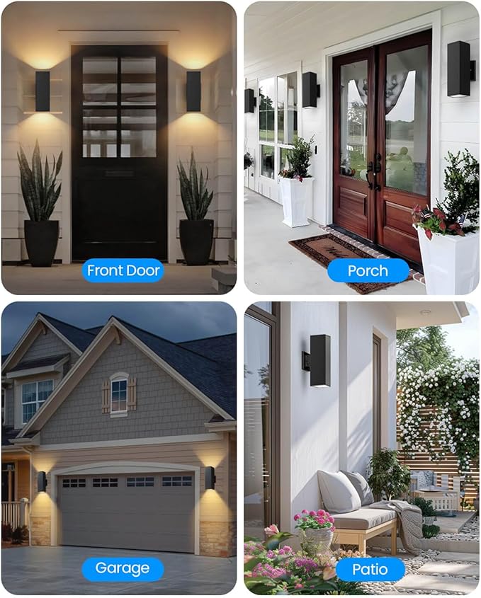 KIZON Dusk to Dawn Outdoor Lighting, Modern Outdoor Wall Light Up and Down Lights with LED Bulbs, Square Sconce Matte Black Exterior Lighting Fixture Wall Mount for House Porch, ETL Listed