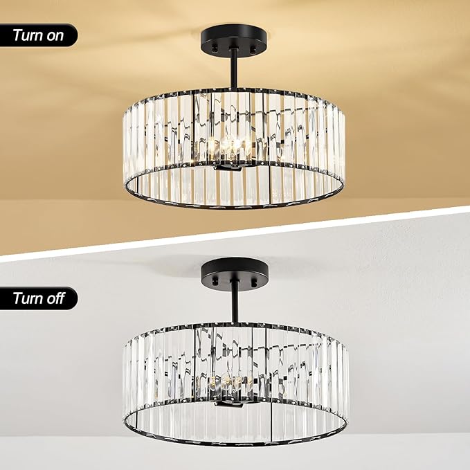Modern Black Semi Flush Mount Ceiling Light Crystal 3-Light Light Fixture 15.75 Inch Kitchen Ceiling Lighting for Living Room Bedroom Dining Room Bathroom Entryway(Bulb Not Included)