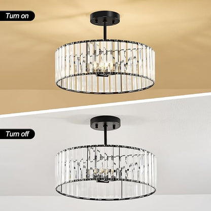 Modern Black Semi Flush Mount Ceiling Light Crystal 3-Light Light Fixture 15.75 Inch Kitchen Ceiling Lighting for Living Room Bedroom Dining Room Bathroom Entryway(Bulb Not Included)
