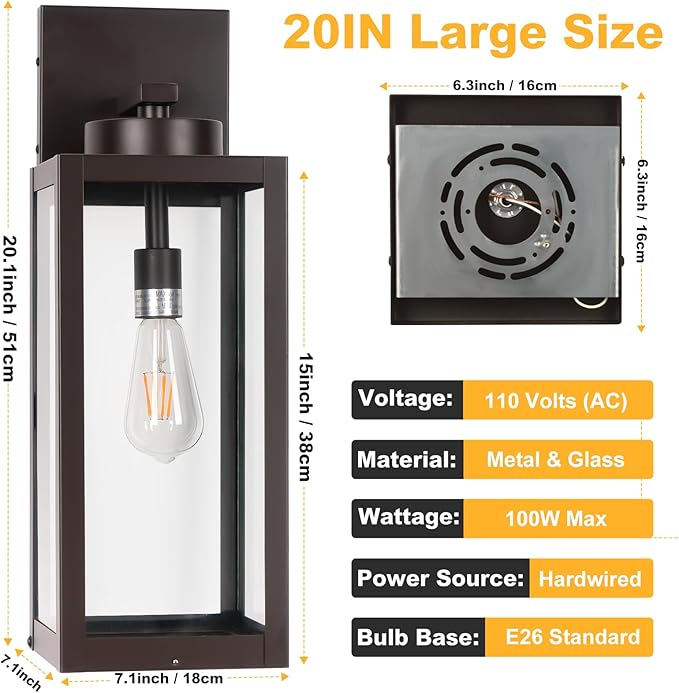 20" Large Outdoor Wall Lights with Closed Bottom - Oil Rubbed Bronze Outdoor Light Fixture Porch Lantern Wall Mounted, Waterproof Modern Exterior Wall Sconce Coach Lamps for House, E26, 2 Packs