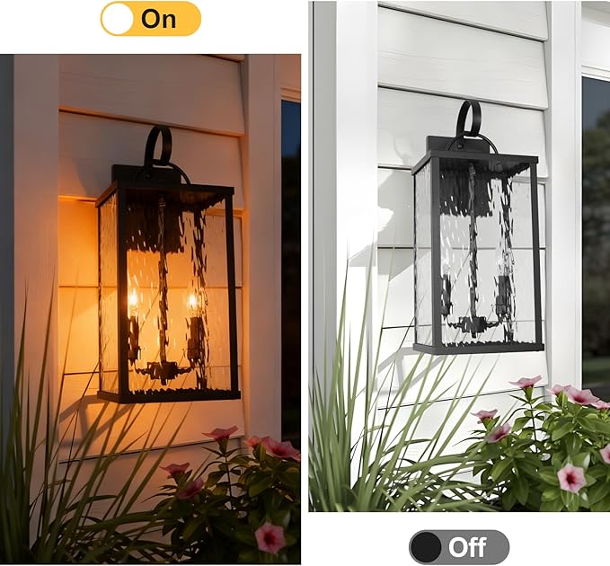 Outdoor Wall Light Fixture, 2-Light Modern Black Exterior Wall Lantern with Water Ripple Glass, Matte Rustic Waterproof Wall Sconce for Porch, Garage, Yard, Front Door, Patio, Garden