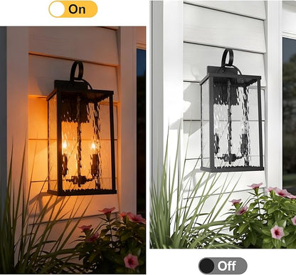 Outdoor Wall Light Fixture, 2-Light Modern Black Exterior Wall Lantern with Water Ripple Glass, Matte Rustic Waterproof Wall Sconce for Porch, Garage, Yard, Front Door, Patio, Garden