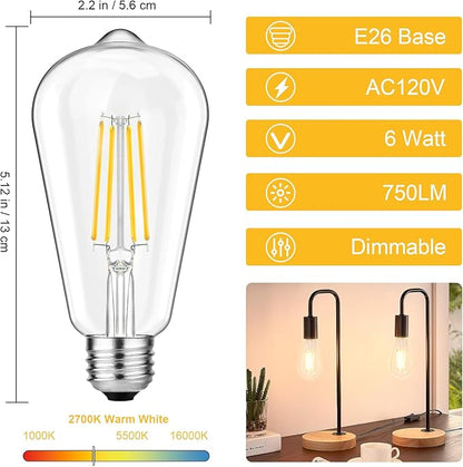 Svater Vintage LED Edison Bulbs 60W Equivalent, 6W ST58 2700K Warm White Antique LED Filament Bulbs, E26 Medium Base, Clear Glass Style for Home and Commercial, Dimmable 750 LM, 12 Pack