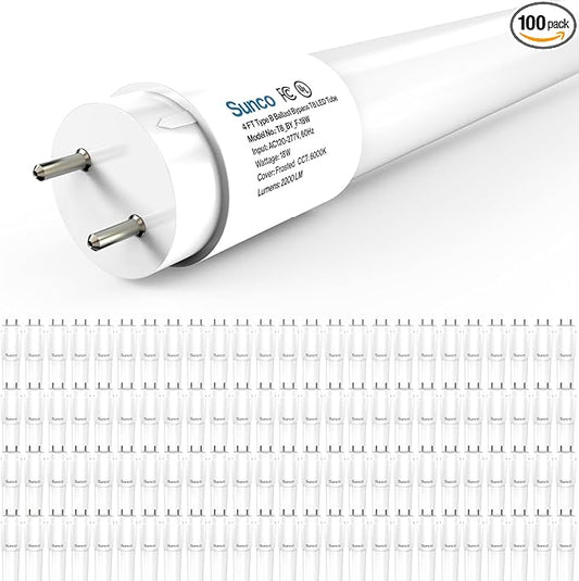 Sunco 100 Pack T8 LED Bulbs 4 Foot, LED Fluorescent Tube Replacement, 4ft LED Tube Light, Ballast Bypass, 18W, 2200 LM, 5000K Daylight, Single Ended Power, Frosted Lens, UL