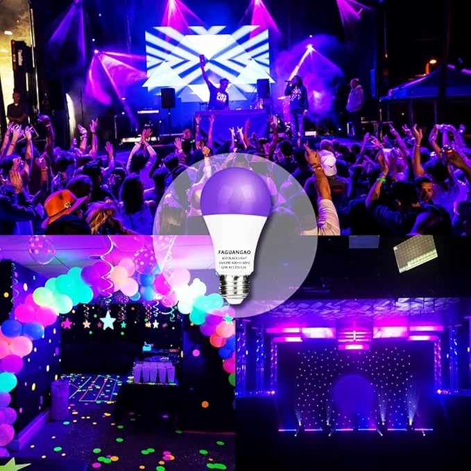 FAGUANGAO LED Black Light Bulb,12W(100Watt Equivalent) A19 UV Blacklight Bulb,120V,UVA Level 390-400nm,E26 Medium Base,Glow in The Dark for Blacklight Party,Fluorescent Poster,Neon Glow(2 Pack)