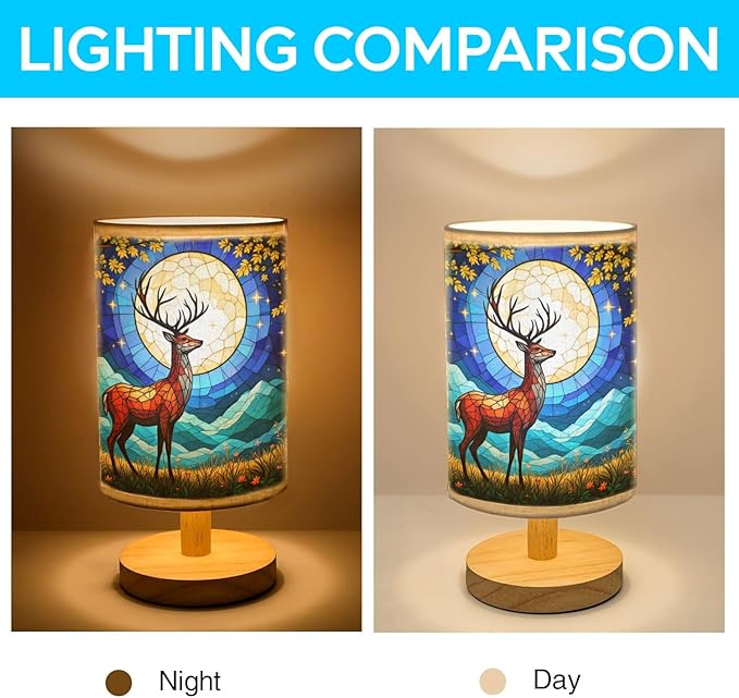 Deer Table Lamp LED 3-Color Pressed Bedside, Deer Shade Lamp with Wood Base for Bedroom Living Room Desk Office TL01