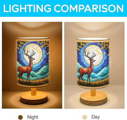 Deer Table Lamp LED 3-Color Pressed Bedside, Deer Shade Lamp with Wood Base for Bedroom Living Room Desk Office TL01