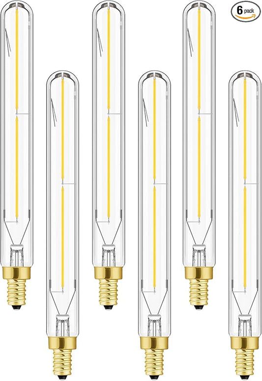 Leools E12 led Long Bulb,7.3 Inch Long Tubular Light Bulbs,T6 B11 Candelabra Bulb 40 watt for Chandeliers,Clear Glass,Daylight,4000K 400LM 4W Dimmable Tube Edison Bulb 6Pack