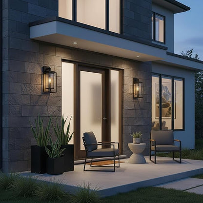 21" Outdoor Wall Light Fixtures Waterproofed Exterior Lantern W/Sturdy Rectangular Double Cage In Satin Black&Clear Tempered Glass,Sconce Mounted For House Patio,Front door,Porch,Garage Lighting 2Pack