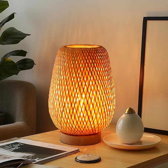 Bamboo Table Lamp for Bedroom,Boho Rattan Bedside Lamp, Vintage Wooden Wicker Nightstand Lamp Shade for Farmhouse, Desktop, Handmade Rustic Indirect Lighting