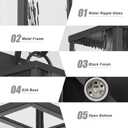 Outdoor Wall Light Fixture, Modern Black Exterior Wall Lantern with Water Ripple Glass, Farmhouse Vintage Waterproof Wall Sconce Porch Light for Patio, Garage, Front Door, Garden, Yard, E26