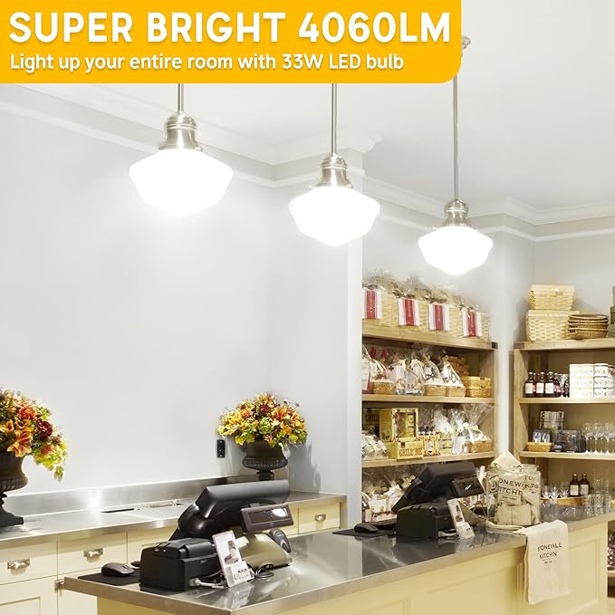 300W Equivalent LED Light Bulb, Super Bright 4060 Lumen, 5000k Cool Daylight White, A23 E26 Medium Base, 33 Watt LED Bulb, No-dim, for Garage Warehouse Workshop Backyard Patio Supermarket, 2-Pack