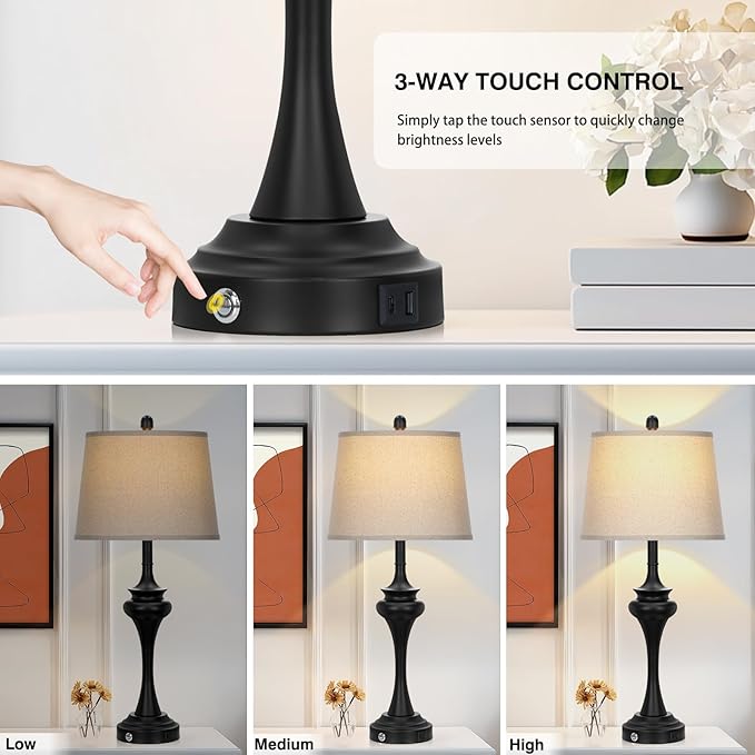 30 Inch Black Table Lamp Single, 3-Way Touch Control Bedside Lamp with USB A+C Ports, Modern Bedroom Lamps for Nightstand, Metal Living Room Lamps for Side Table Desk Office, Bulb Included