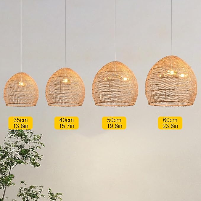 1-Light Rattan Pendant Light,13.78" Hand-Woven Bamboo Rattan Hanging Light Wicker Chandelier for Kitchen Island Restaurant Craft Room Farmhouse