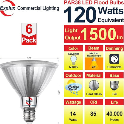 Explux Commercial-Grade LED PAR38, 120W Equivalent, 1500 Lumens, 40000 Hours, Classic Full Glass Flood Light Bulbs, Dimmable, Waterproof & Anti-Ageing, Daylight 5000K Spotlight, 6-Pack