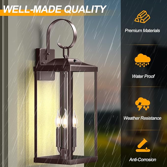 24" Extra Large Dusk to Dawn Outdoor Wall Light, Oil Rubbed Bronze 3-Light Waterproof Exterior Wall Mount Porch Lantern, Modern Outside Wall Sconce Coach Light Brown, E12, 1-Pack