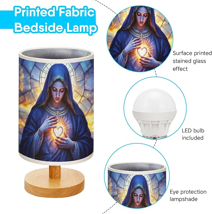 Our Lady of Sorrows Table Lamp LED 3-Color Pressed Bedside, Our Lady of Sorrows Shade Lamp with Wood Base for Bedroom Living Room Desk Office TL01