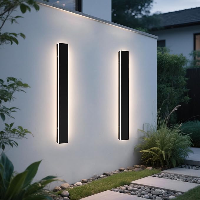 Upgrade Widened 2 Pack 57inch LED Outdoor Wall Lights, Modern Outside Lighting Fixture, 3000K Warm White, IP65 Waterproof, 50W, Black Minimalist Wall Mount Sconce for House, Yard, Fence