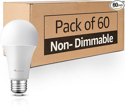 MASTERY MART 60 Pack A19 LED Bulbs 60 Watt Equivalent, 9W Non-Dimmable, Flicker-Free, 800 Lumens, Soft White 2700K, E26 Base, 10000 Hours, Energy Saving, Bright for Living Room, Bedroom