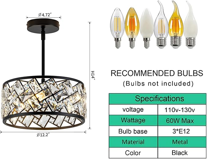 3-Light Crystal Ceiling Light Fixture, Modern Semi Flush Mount Ceiling Light, Black Crystal Chandelier for Kitchen Bedroom Bathroom Entryway Hallway