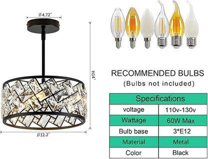 3-Light Crystal Ceiling Light Fixture, Modern Semi Flush Mount Ceiling Light, Black Crystal Chandelier for Kitchen Bedroom Bathroom Entryway Hallway