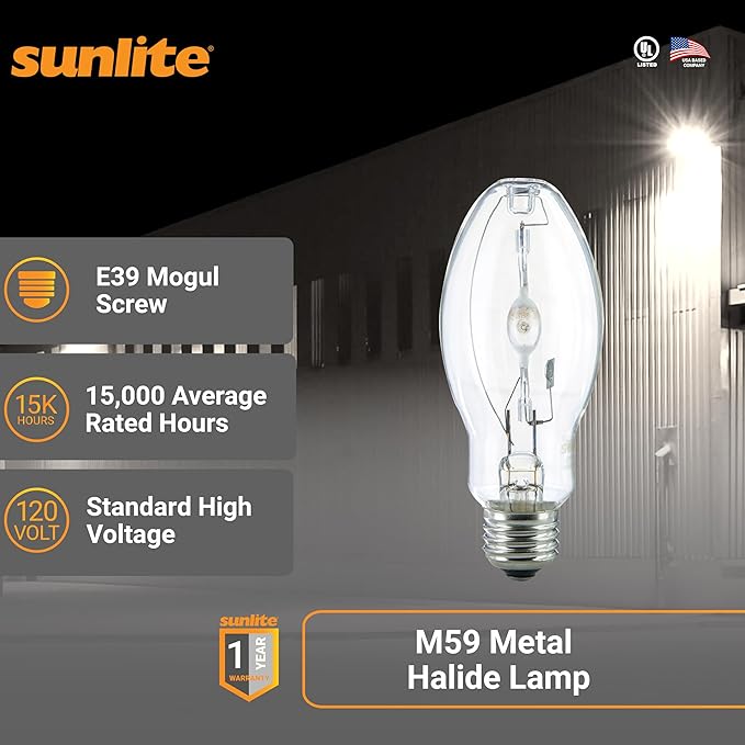 Sunlite MH400/U/MOG M59 Metal Halide Lamp, 400 Watts, Mogul Base (E39), ED37, 12,000 Hour Life Span, 36000 Lumen, Clear Finish, 4000K, 2 Pack