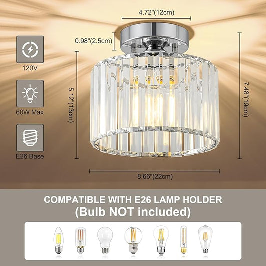 Crystal Chrome Semi Flush Mount Ceiling Light Modern Hallway Light Fixture Metal Close to Lamp for Entryway Bathroom (8.66 inch)