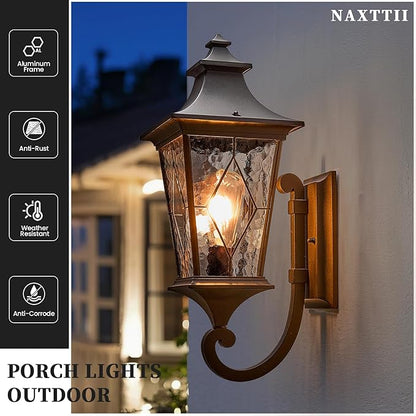 Outdoor Light Fixture Modern Outdoor Wall Sconce Light Waterproof Black Porch Lights Wall Mount with Water Ripple Handmade Glass for Gardens Porch Yards