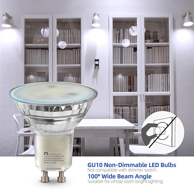 MASTERY MART 16 Pack Non-Dimmable GU10 LED Light Bulbs, 4W Bright 5000K Daylight White 35W Halogen Equivalent, 350lm Energy Saver for Track Lighting Fixture, Kitchen, Basement, 25000 Hours Lifespan