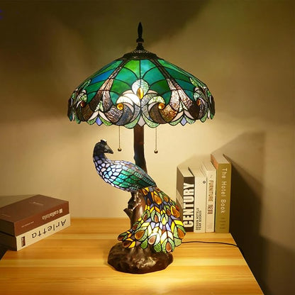 Large Tiffany Table Lamp 18" Wide Handmade Stained Glass Lamp Shade 3 Light Peacock Style Vintage Desk Light for Living Room Bedroom Bedside Reading Light,Victoria
