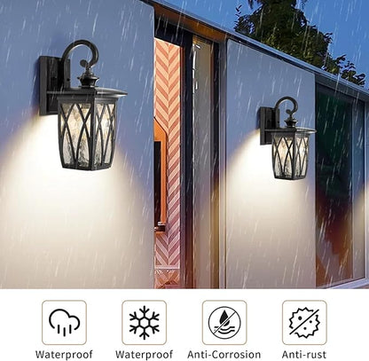 JYZ Outdoor Porch Light Wall Mount,14'' Exterior Waterproof Wall Lighting Fixtures,Wall Sconce Light with E26 Socket & Water Ripple Glass Shades, Matte Black Outside Wall Lantern for Patio Front Door