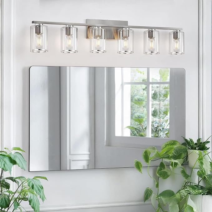 6 Pack Clear Glass Lamp Shade Replacements, Cylinder Glass Lamp Shade Globe Covers for Light Fixtures, Transparent Lampshades with Silver Border for Wall Sconces Chandelier Pendant Vanity Lights