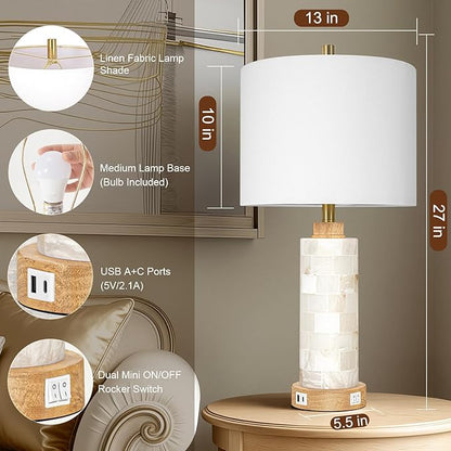 27" Natural Alabaster And Wood Table Lamp Set of 2 With Night Light Nightstand Lamps With USB Ports White Linen Fabric Shade Bedside Lamp Decor For Living Room Bedroom Home Office Hotel Bar House