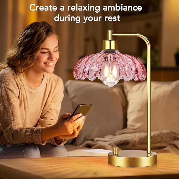 Pink Table Lamp Set of 2,Small Gold Bedside Lamps Dimmable Boho Bedroom Lamp with Flower Glass Lamp Shade,Vintage Mid Century Modern Mini Nightstand Lamp for Girls Kids Bedroom Living Room